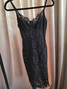 Fashion Nova Black Lace Bodycon Midi Dress XS Eyelash Trim